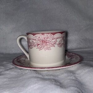 YULETIDE Cream Teacup and Saucer with Red Poinsettia Border